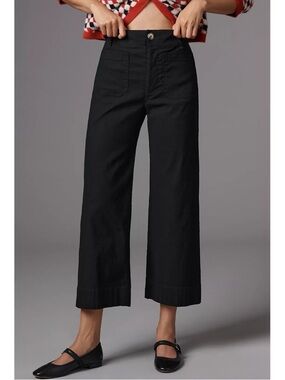 New Anthropologie The Colette Linen Crop Wide-Leg Pants Black 24P Petite